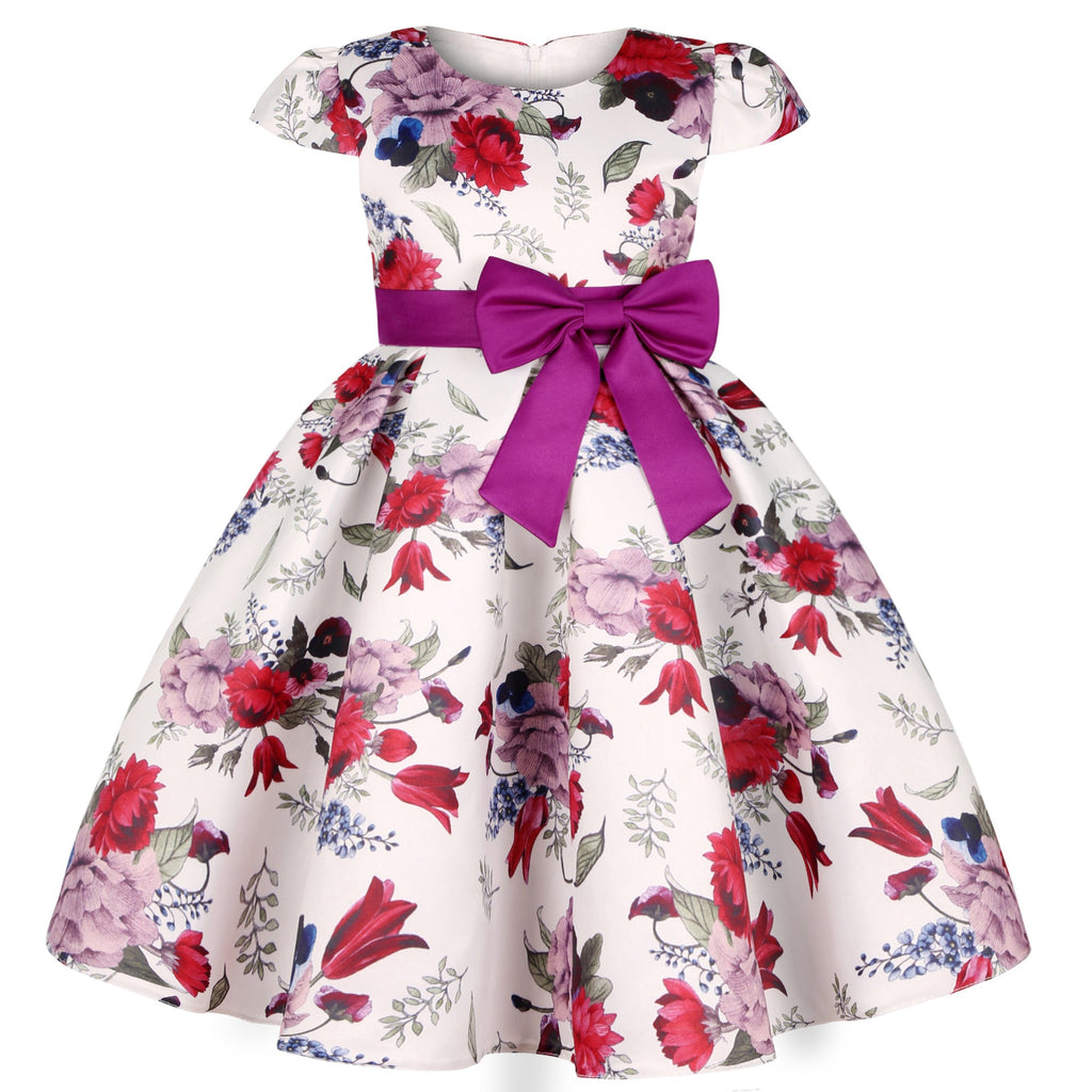 Bow Vintage Flower Print Wholesale Girls Party Dresses - PrettyKid