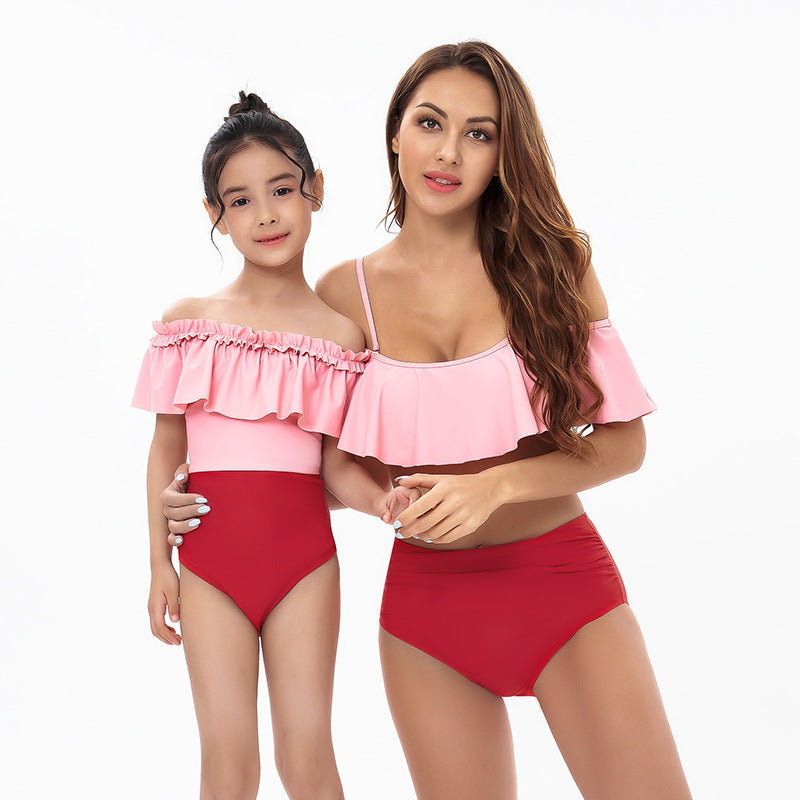 Colorblock Ruffled Trim Swimsuit Mommy And Me Matching Clothes - PrettyKid