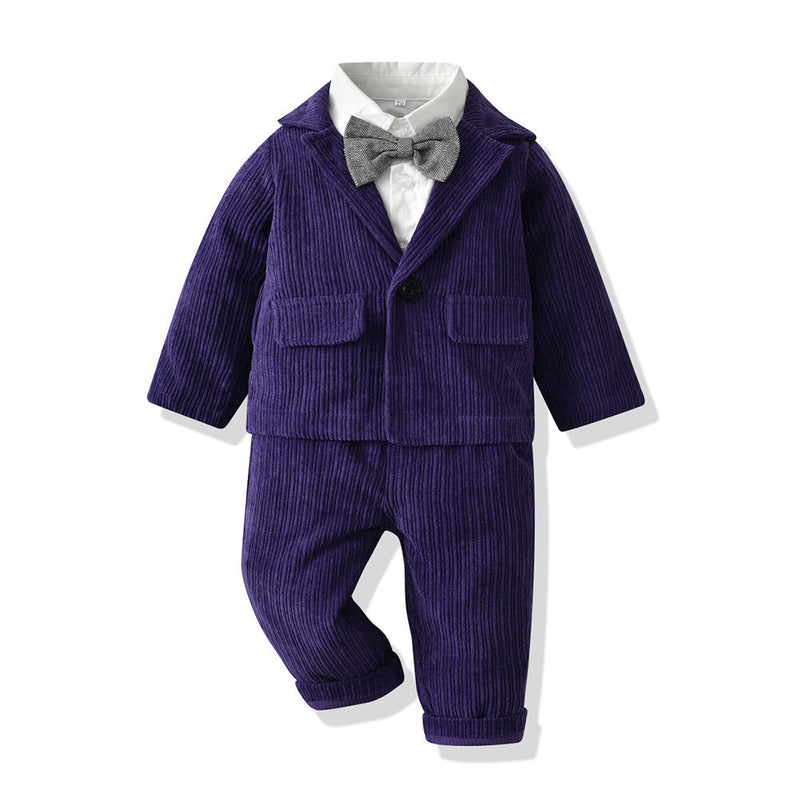 Corduroy Long-Sleeved Jacket And Bow Tie Shirt And Trousers Toddler Boy Sets - PrettyKid