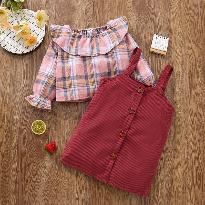 Check Print Top And Corduroy Strap Skirt Toddler Girl Outfit Sets - PrettyKid