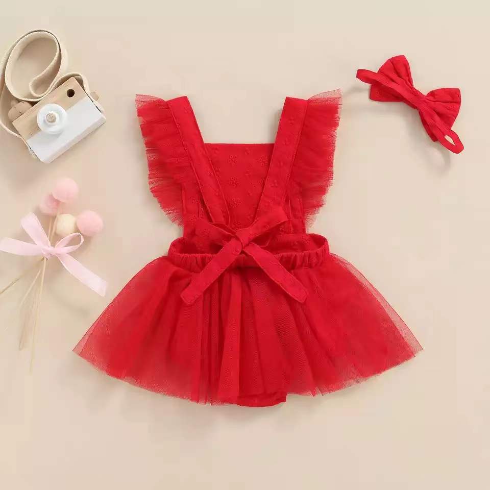 Baby Girls Red Sleeveless Mesh Suspender Bodysuit Dresses With Headband - PrettyKid
