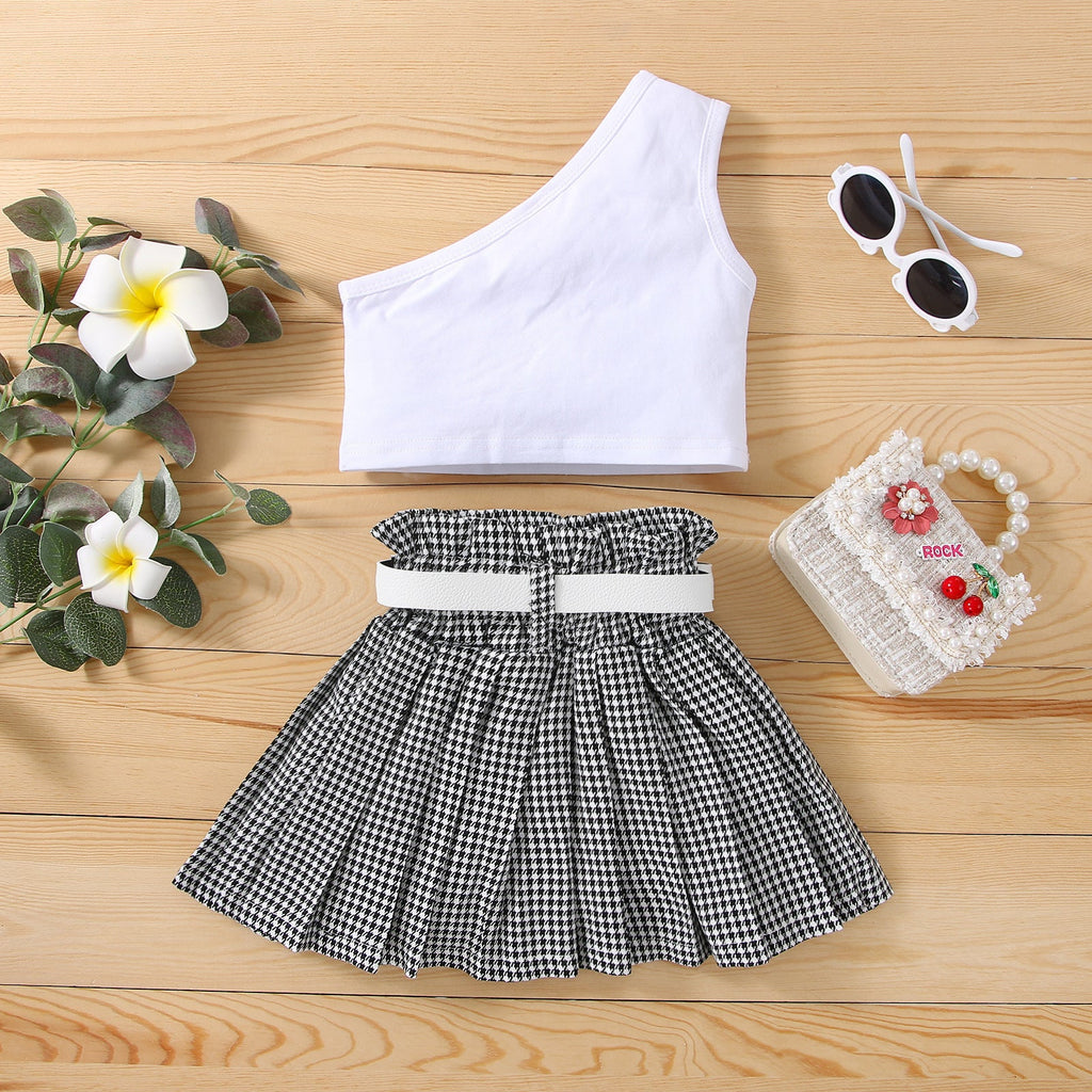 18M-6Y Toddler Girls Sets One Shoulder Top & Houndstooth Pleated Skirts Wholesale Girls Clothes