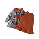 Corduroy Tank Dress And Checked Collar Contast Dress Girls Sets Wholesale - PrettyKid