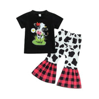 18M-6Y Toddler Girls Sets Cows Print T-Shirts & Plaid Bell Bottom Pants Wholesale Girls Fashion Clothes