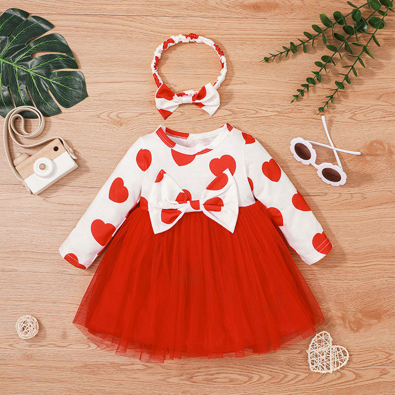 Baby Girl Mesh Polka Dot Bow Dress With Headband Baby Polka Dot Dress - PrettyKid