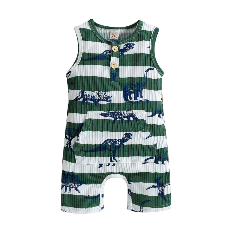 Baby Boy Sleeveless Dinosaur Print Bodysuit Baby One Piece Jumpsuit - PrettyKid