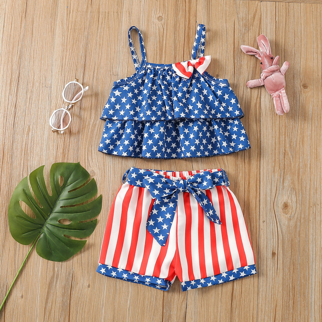 9months-4years Baby Toddler Girl Sets Summer Independence Day Star Striped Shorts Suit Wholesale - PrettyKid