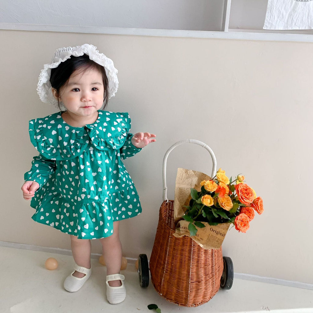 Baby Girls Dress Big Lapel Heart Print Long Sleeve Baby Clothes In Bulk - PrettyKid