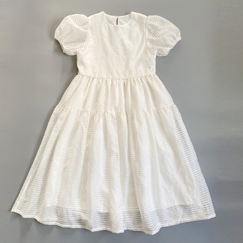 Big Girl Plain Short Puff Sleeve Ribbing Stitching Wholesale Dresses For Kids - PrettyKid