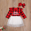 Christmas Lattice Mesh Stitching Toddler Girl Cotton Dresses With Headband - PrettyKid