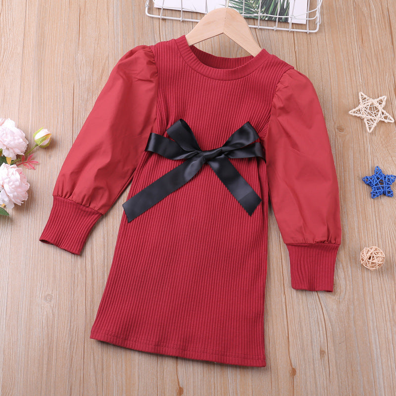 Bowknot Puff Sleeve Ribbed Red Toddler Dress - PrettyKid