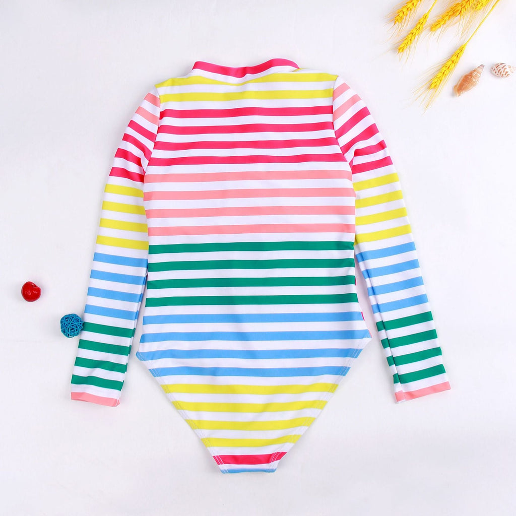 Colorful Striped Long Sleeve Bodysuits Swimwear For Girl - PrettyKid