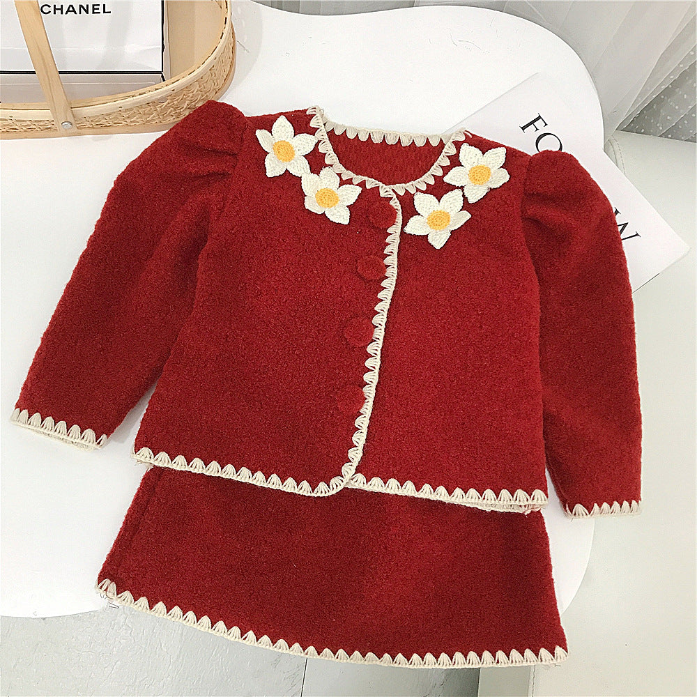2 Piece Flower Pattern Coat And Red Skirt Toddler Girl Sets - PrettyKid