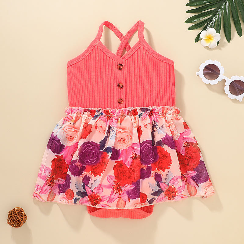Baby Girl Floral Print Stitching Bodysuit Baby Sleeveless Jumpsuit - PrettyKid