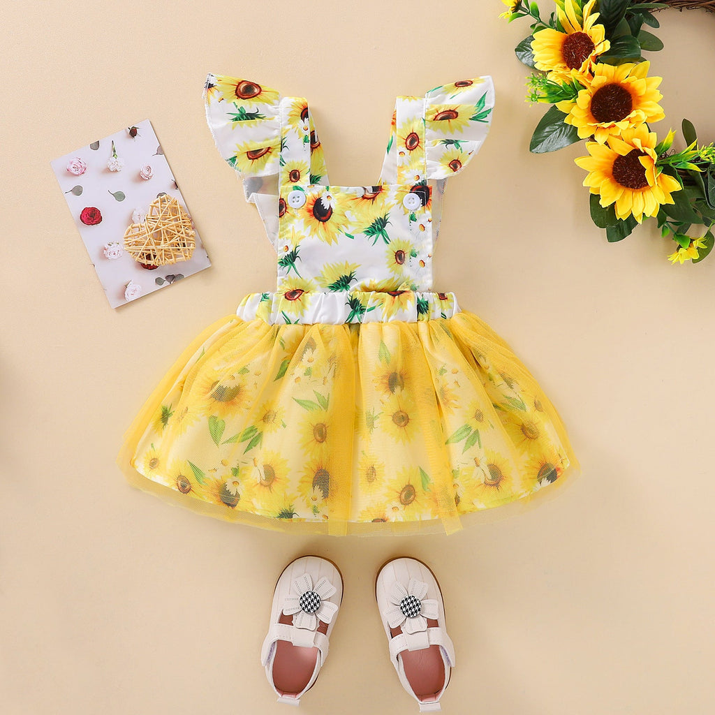 Baby Girl Sunflower Pattern Mesh Dress Baby Girl Princess Dress - PrettyKid
