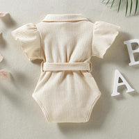 Baby Girl Lapel Collar Flutter Sleeve Jumpsuit With Belt Baby Girl Jumpsuit - PrettyKid