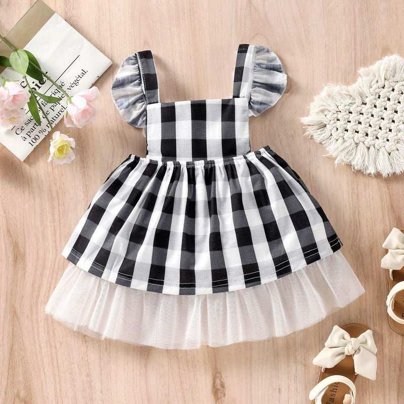 9months-4years Baby Girl Summer Dress Plaid Mesh Stitching Fly Sleeves Wholesale Baby Clothing - PrettyKid