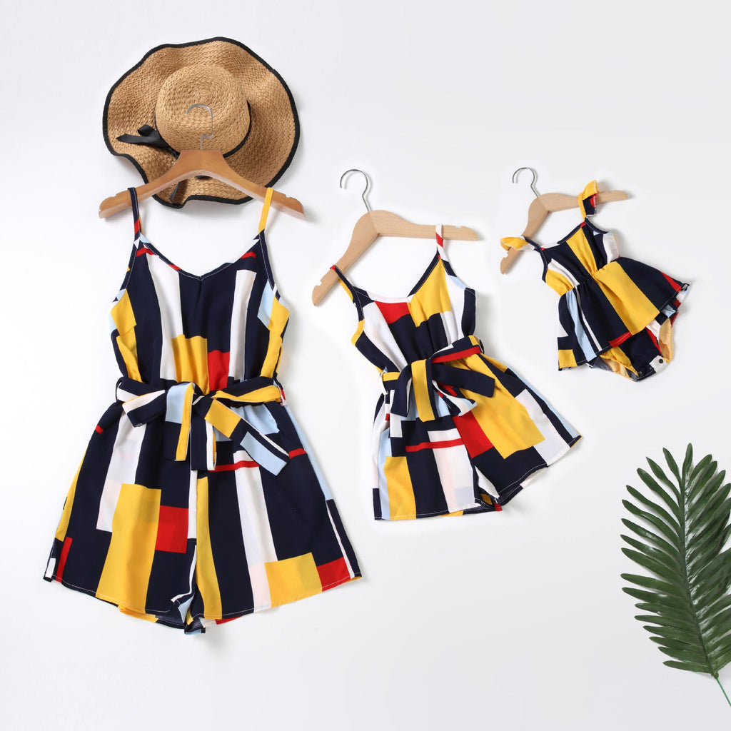 Colorblock Suspender Jumpsuit Mommy And Me Matching Outfits - PrettyKid