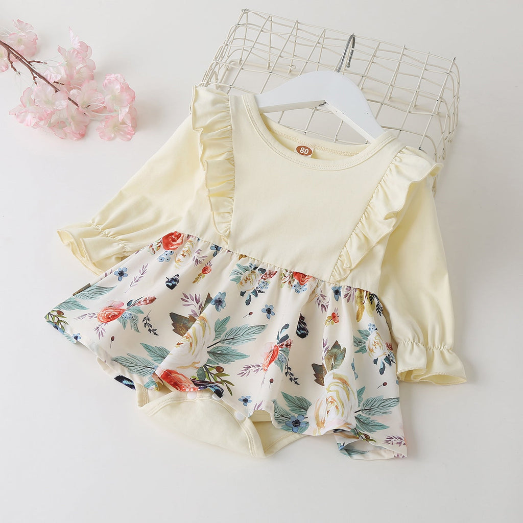 Baby Girl Floral Print Fungus Trim Dress One-Piece Baby Bodysuits Wholesale - PrettyKid