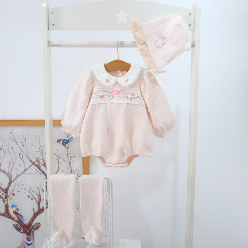 Baby Girl Doll Collar Embroidered Bodysuit And Socks And Hat Baby Outfit Sets - PrettyKid