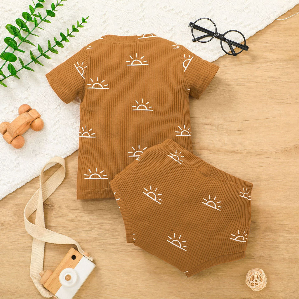 Baby Sun Pattern Ribbed T-Shirt And Briefs Baby Outfit Sets - PrettyKid