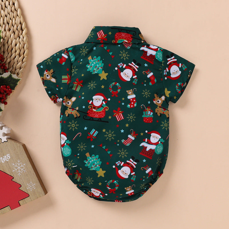 Christmas Print Short-Sleeve Bowtie Baby Bodysuits Wholesale - PrettyKid