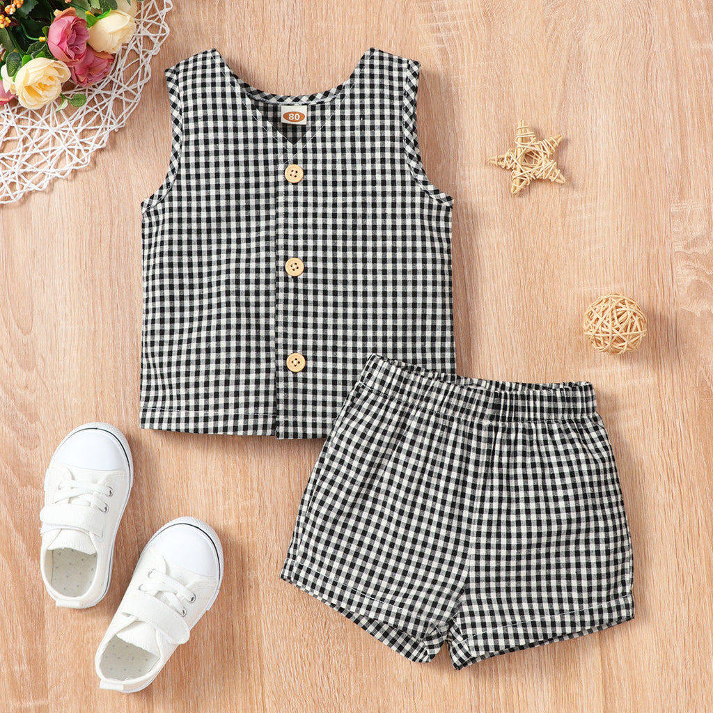Baby Boy Plaid Vest And Shorts Baby Outfit Sets - PrettyKid
