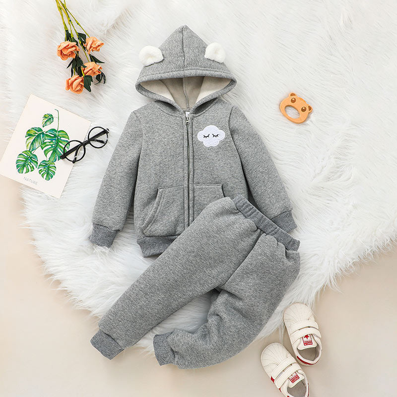 Cloud Pattern Ear Hooded Jacket And Trousers Toddler Girl Sets - PrettyKid