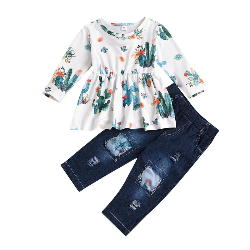 Girls Cactus Long Sleeve Top & Patch Jeans Wholesale Baby Girl Clothes - PrettyKid