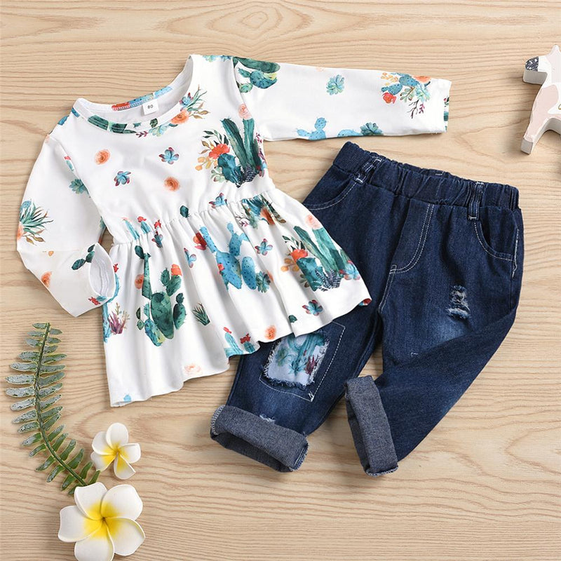 Girls Cactus Long Sleeve Top & Patch Jeans Wholesale Baby Girl Clothes - PrettyKid
