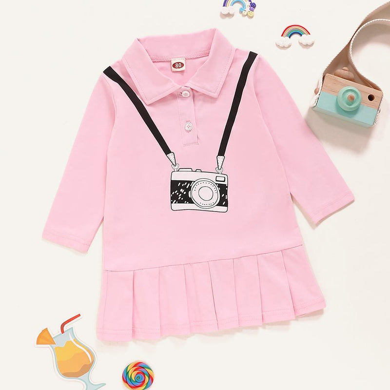 Baby Girls Camera Printed Lapel Long Sleeve Pleated Dress Baby Clothing In Bulk - PrettyKid