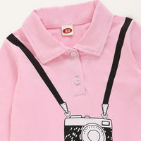 Baby Girls Camera Printed Lapel Long Sleeve Pleated Dress Baby Clothing In Bulk - PrettyKid