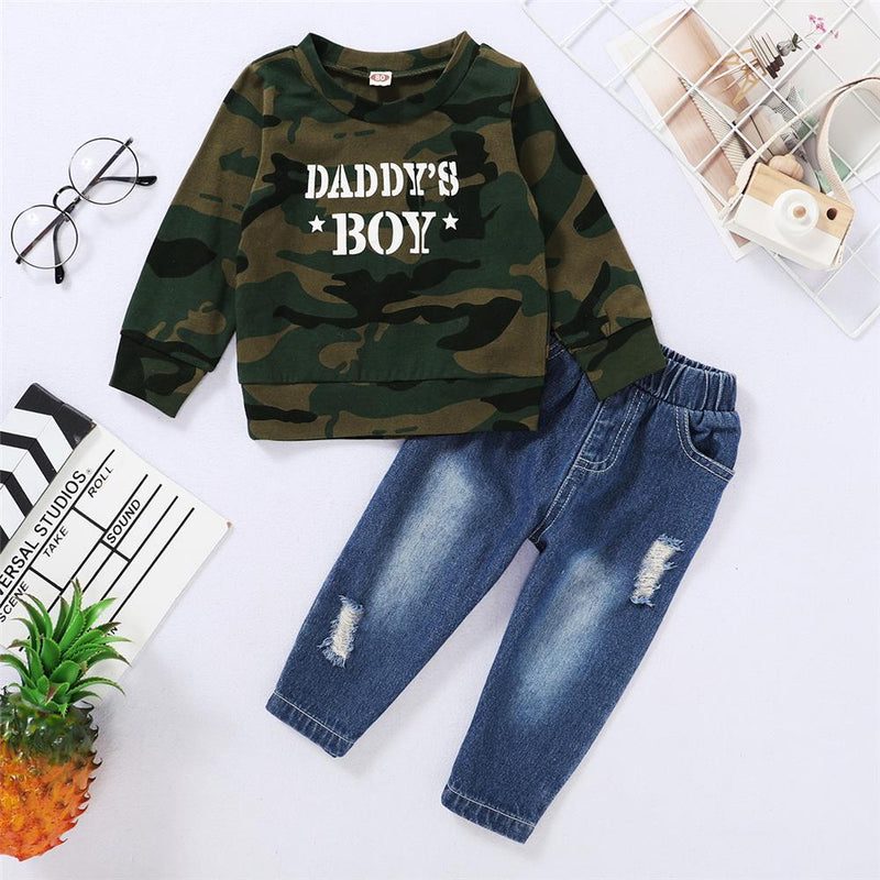 Boys Camo Daddy's Boy Printed Long Sleeve Top & Ripped Jeans Boutique Kids Clothes Wholesale - PrettyKid