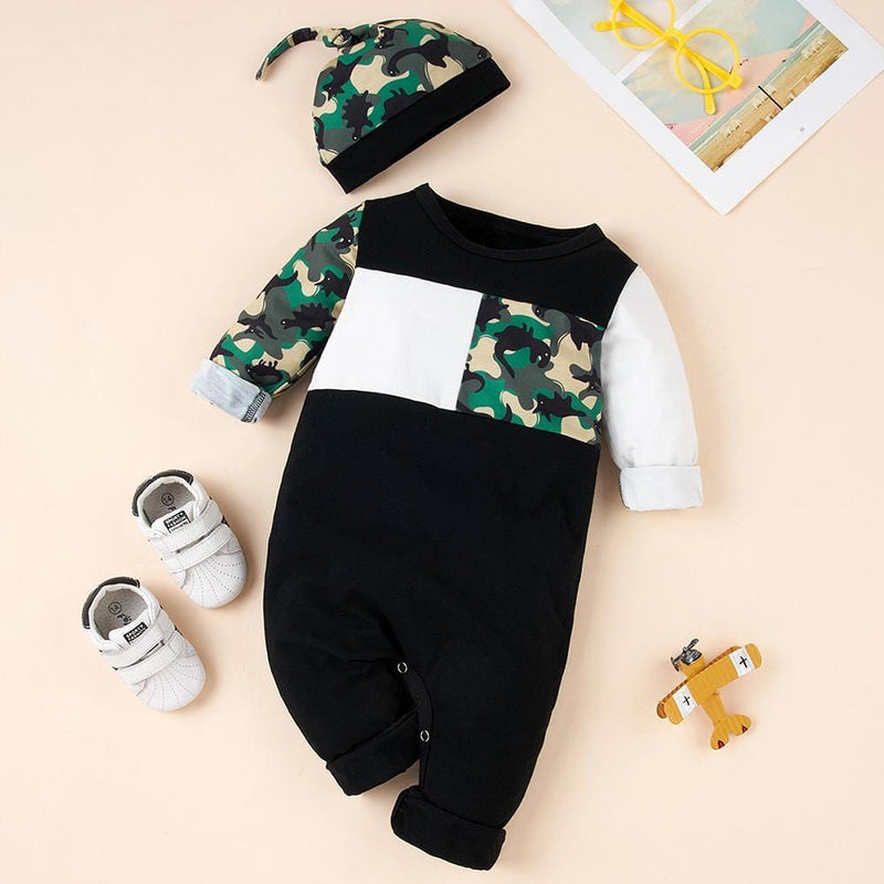 Baby Boys Camo Dinosaur Long Sleeve Romper & Hat Cheap Bulk Baby Clothes - PrettyKid