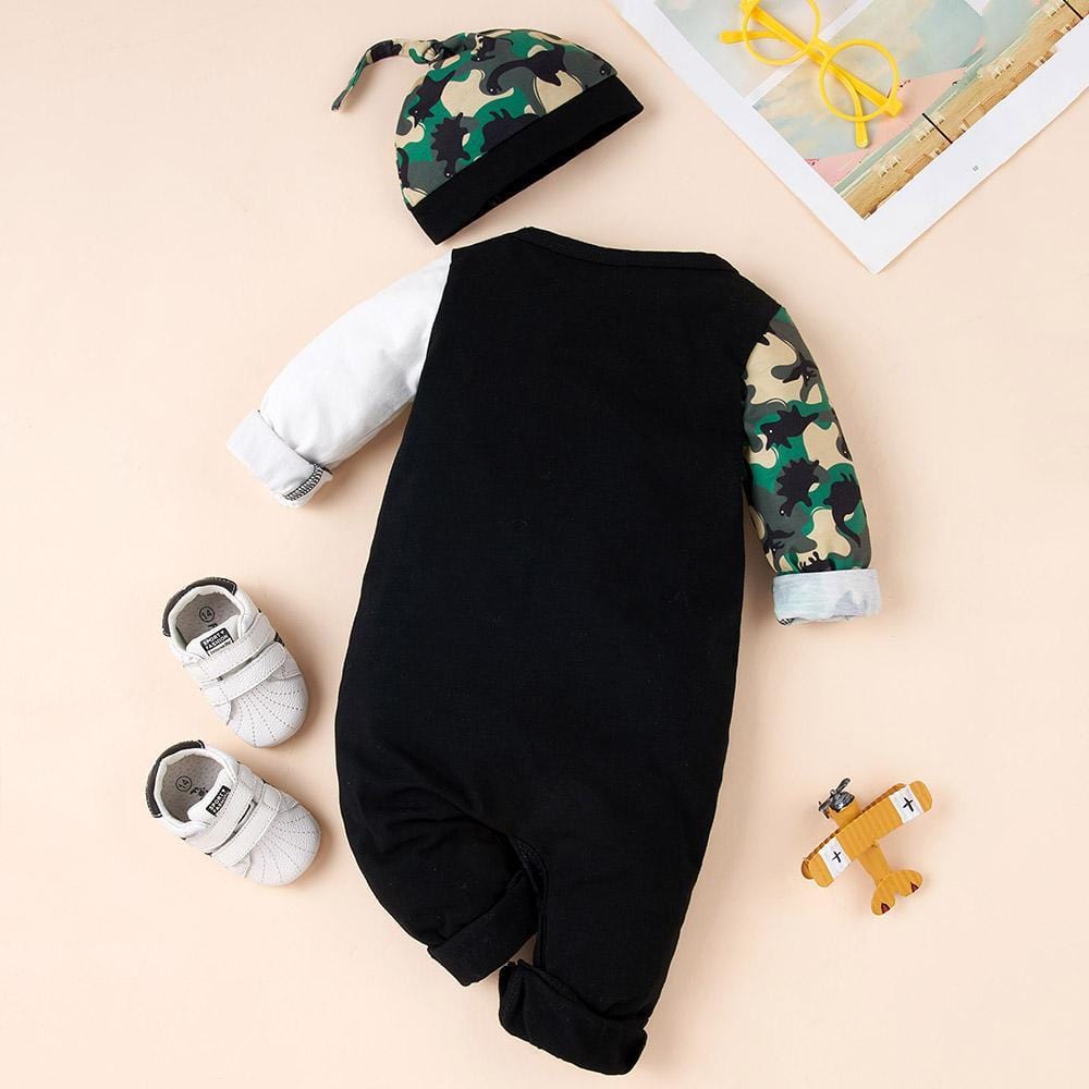 Baby Boys Camo Dinosaur Long Sleeve Romper & Hat Cheap Bulk Baby Clothes - PrettyKid