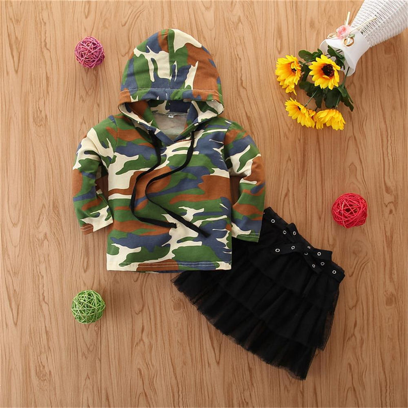 Girls Camo Hooded Long Sleeve Top & Tulle Skirt Kids Wholesale Clothing - PrettyKid
