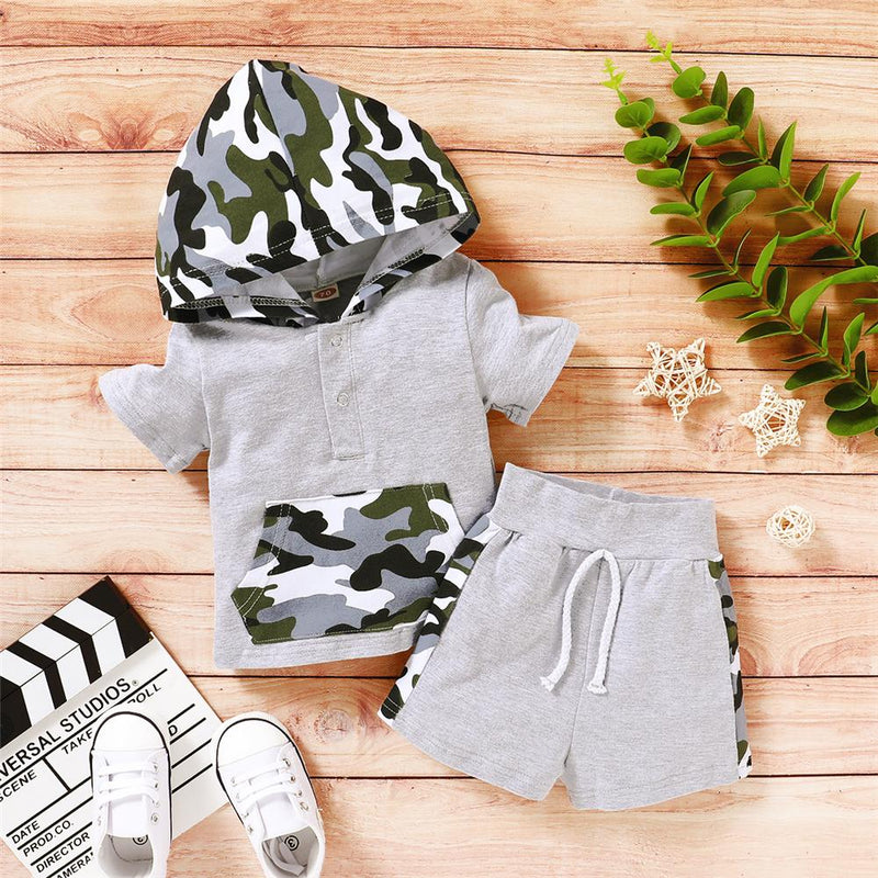 Baby Boys Camo Hooded Short Sleeve Top & Shorts Baby Clothes Vendors - PrettyKid