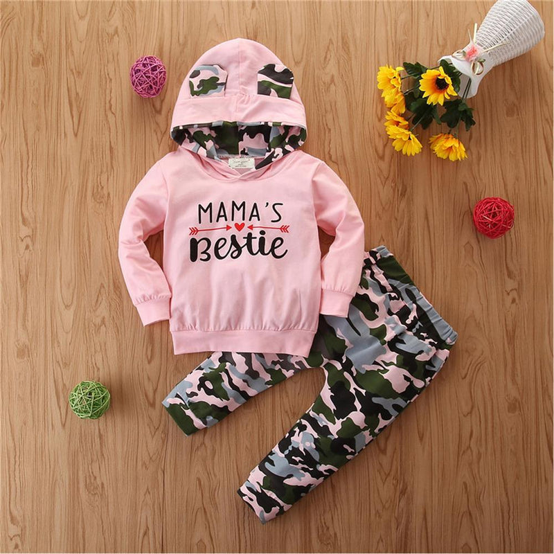 Baby Girls Camo Letter Print Hooded Long Sleeve Top & Pants Wholesale Baby - PrettyKid