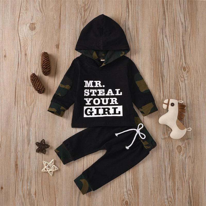 Baby Boys Camo Letter Printed Hooded Top & Pants Baby Wholesales - PrettyKid