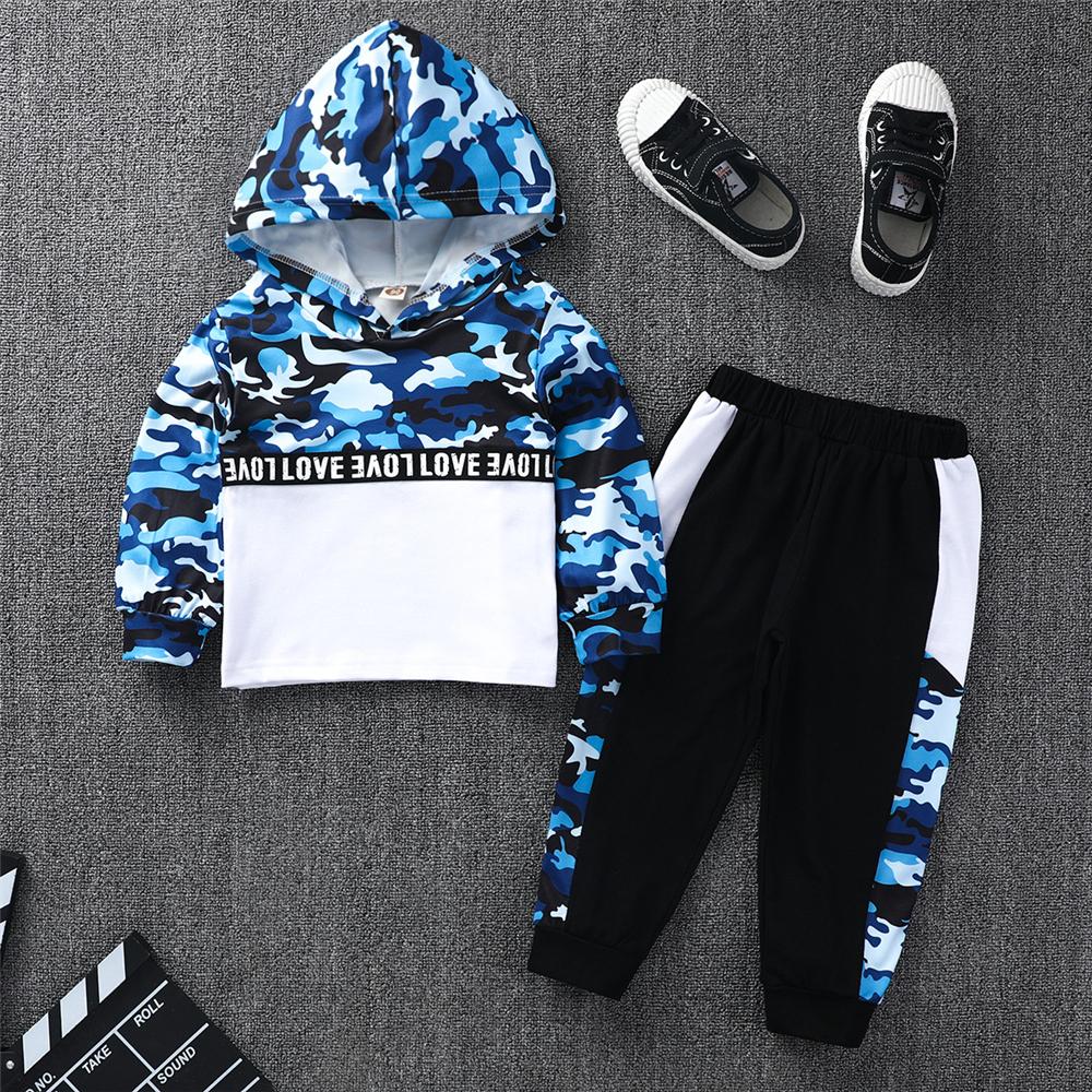 Boys Camo Letter Printed Hooded Top & Pants Boy Wholesale Clothing - PrettyKid