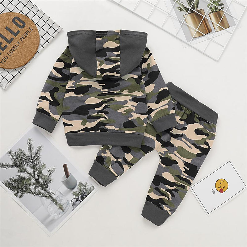 Boys Camo Letter Printed Hooded Tops & Trousers - PrettyKid