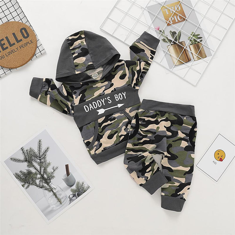 Boys Camo Letter Printed Hooded Tops & Trousers - PrettyKid