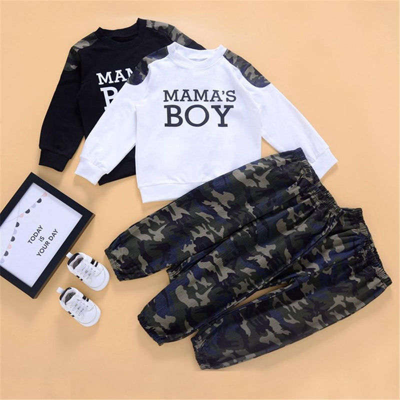 Boys Camo Letter Printed Long Sleeve Top & Pants Boy Wholesale Clothing - PrettyKid