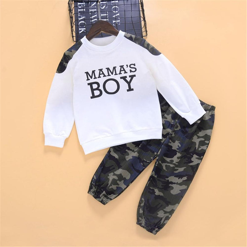 Boys Camo Letter Printed Long Sleeve Top & Pants Boy Wholesale Clothing - PrettyKid