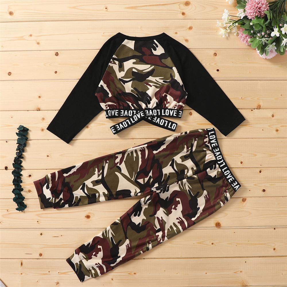 Girls Camo Letter Printed Long Sleeve Top & Pants Girl T Shirts Wholesale - PrettyKid