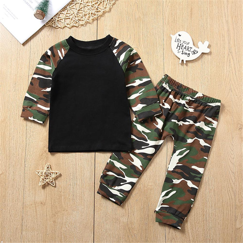 Baby Boys Camo Long Sleeve Splicing Top & Pants Baby Clothing Cheap Wholesale - PrettyKid