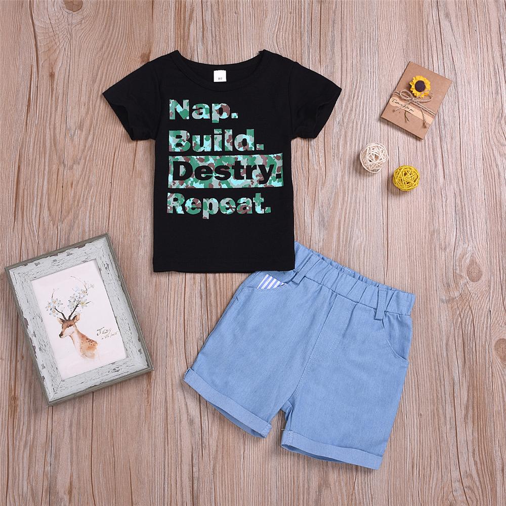 Boys Camo Nap Build Destry Repeat Printed Short Sleeve Top & Denim Shorts Boys Summer Outfits - PrettyKid