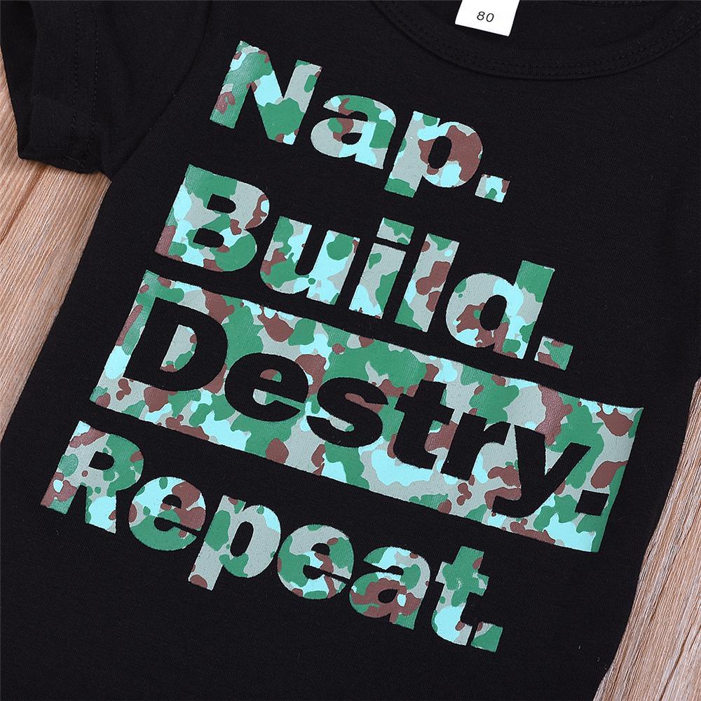 Boys Camo Nap Build Destry Repeat Printed Short Sleeve Top & Denim Shorts Boys Summer Outfits - PrettyKid