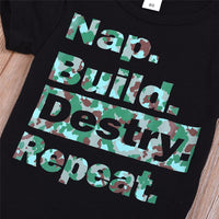 Boys Camo Nap Build Destry Repeat Printed Short Sleeve Top & Denim Shorts Boys Summer Outfits - PrettyKid