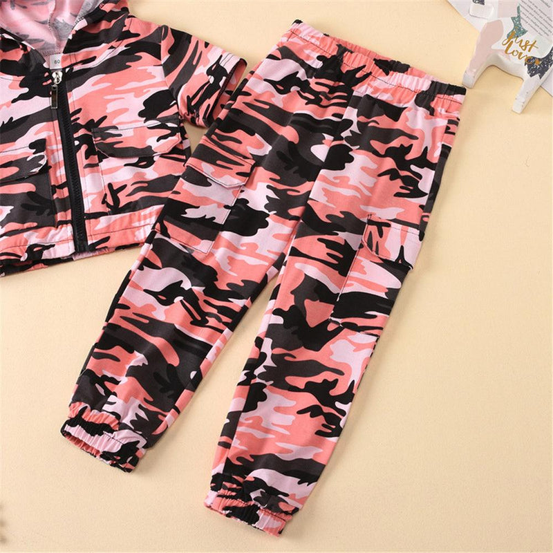 Unisex Camo Printed Hooded Short Sleeve Zipper Top & Pants Kids Wholesale clothes - PrettyKid